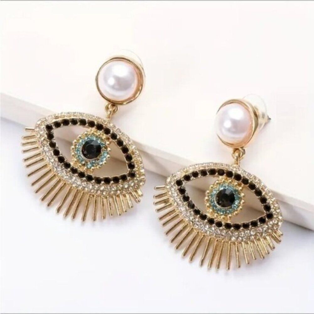 Elegant Gold and Black Bohemian Evil Eye Statement VTG Rhinestone Earrings